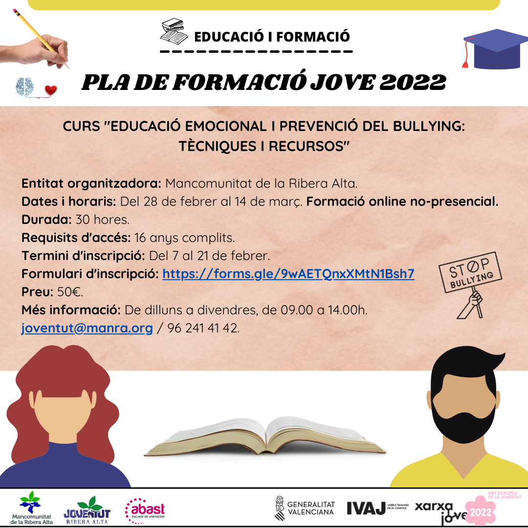 PLA DE FORMACIÓ JOVE 2022: Curs "Educació Emocional i Prevenció del Bullying: Tècniques i Recursos" - Departament de Joventut de la Mancomunitat de la Ribera Alta.