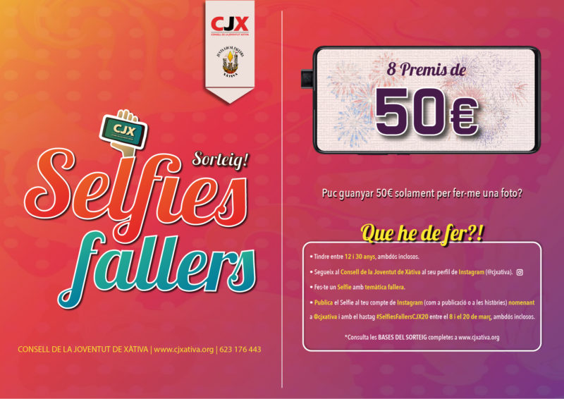 El CONSELL DE LA JOVENTUT DE XÀTIVA  presenta el “Sorteig de Selfies Fallers” amb 8 premis de 50€