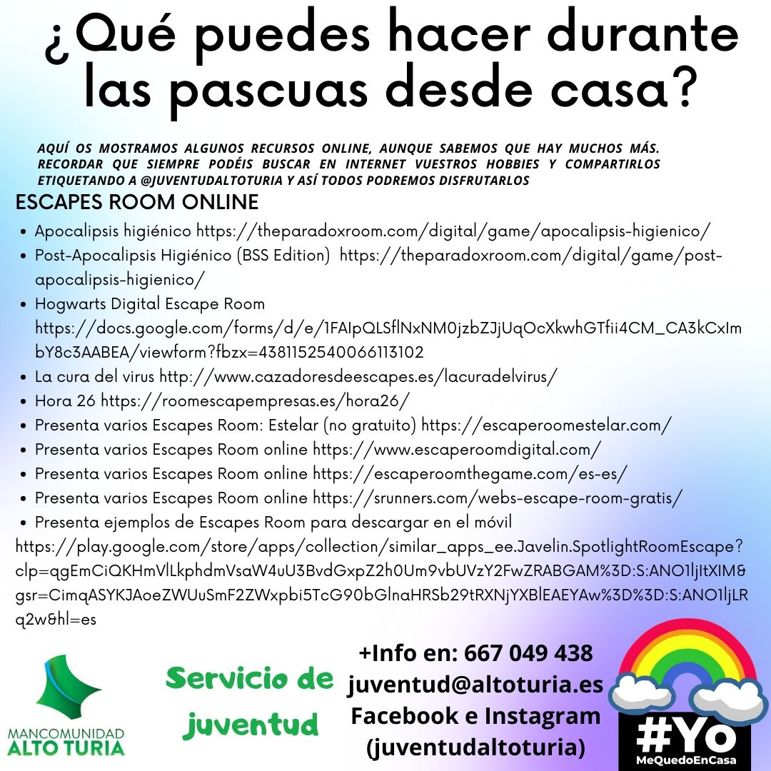 Recursos en las redes sociales juventudaltoturia #yomequedoencasa (Alto Turia)