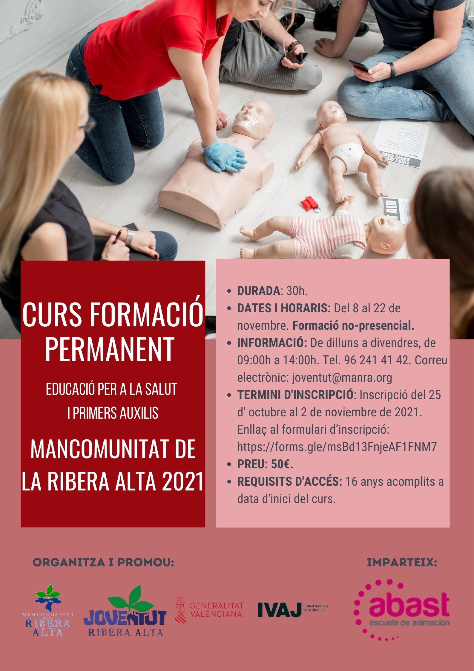 PLA DE FORMACIÓ JOVE 2021: Curs "Educació per a la Salut i Primers Auxilis" - Departament de Joventut de la Mancomunitat de la Ribera Alta.